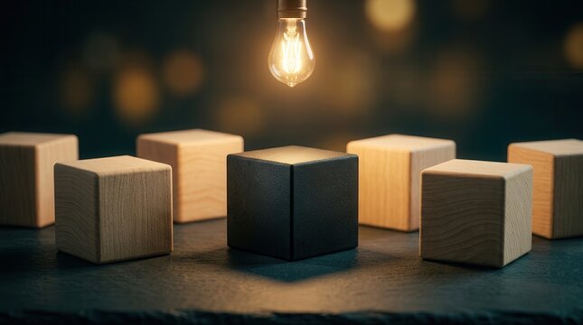Concept of innovation value realization with a unique dark block highlighted under a glowing light bulb.
