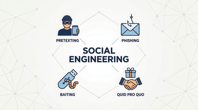Social engineering concept diagram with icons for phishing, pretexting, baiting, and quid pro quo tactics.