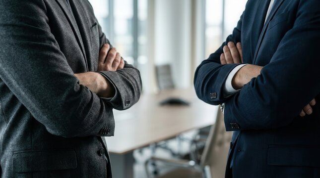 A negotiation standoff featuring two business people with obscured faces and crossed arms.