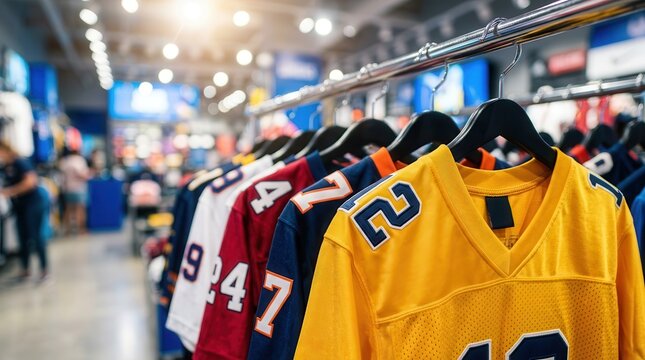 A collection of team sports jerseys hanging on a retail clothing rack for enthusiasts.