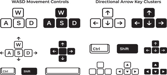 Minimalist keyboard gaming controller icons showing wasd and arrow keys as a vector on transparent background © Hamza