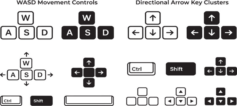 Minimalist keyboard gaming controller icons showing wasd and arrow keys as a vector on transparent background