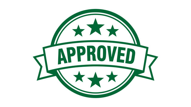 Green approved badge with ribbon banner and stars vector icon for quality certification and validation