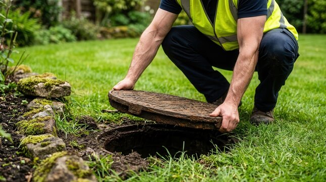 A skilled worker servicing the septic tank access lid for drainage system maintenance and repair.