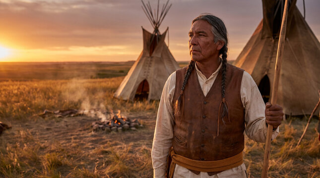 Indigenous man standing with a staff near tipis at sunset  