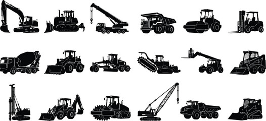 WebHeavy construction machinery and industrial vehicles silhouette vector illustration set representing building site equipment and machinery engineering © Abdullah