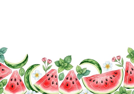 Watercolor watermelon slices, mint leaves, and small flowers border