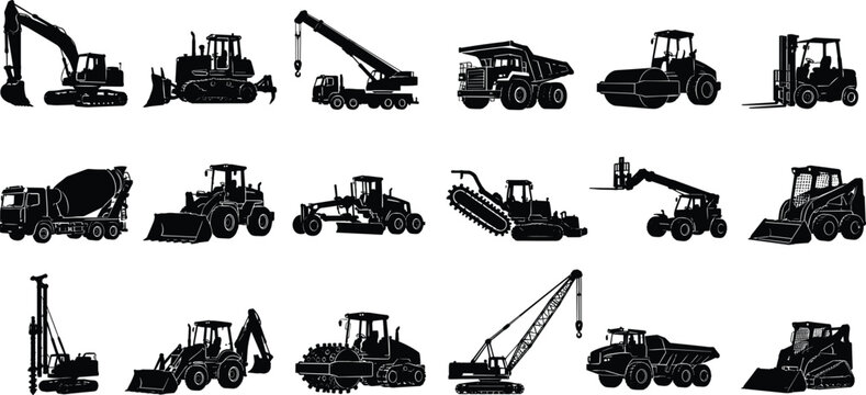 WebHeavy construction machinery and industrial vehicles silhouette vector illustration set representing building site equipment and machinery engineering
