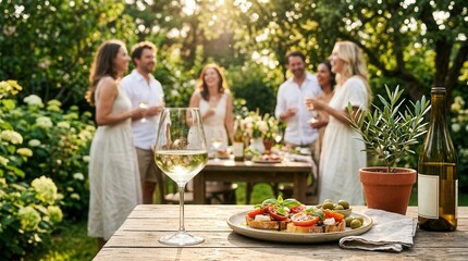 Casual backyard dinner party with white wine, appetizers, and friends enjoying a sunny summer day.