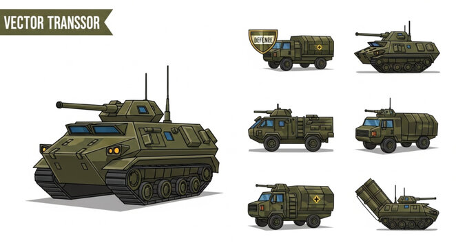 Military vehicles collection with tanks and armored cars.