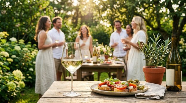 Casual backyard dinner party with white wine, appetizers, and friends enjoying a sunny summer day.