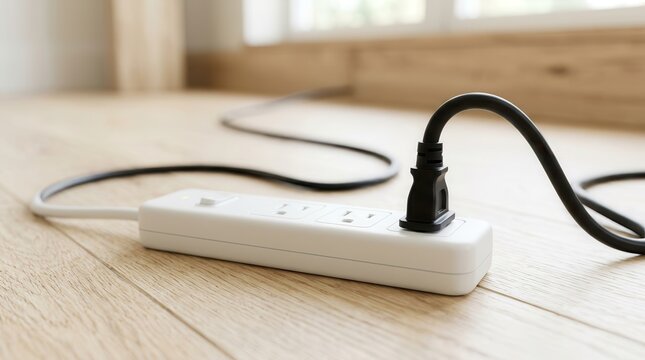 Modern home power strip with multiple outlets used for charging and powering various electronic devices.