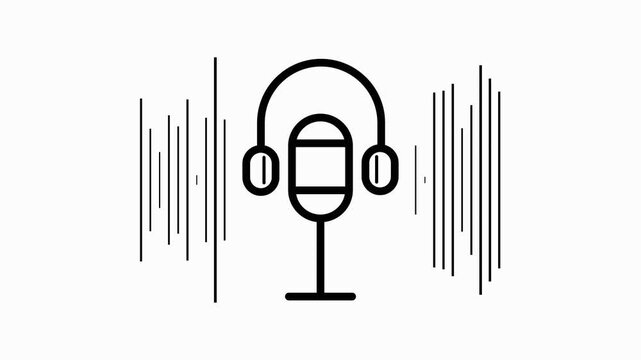 Podcasting equipment microphone with headphones sound waves audio recording studio voiceover setup.