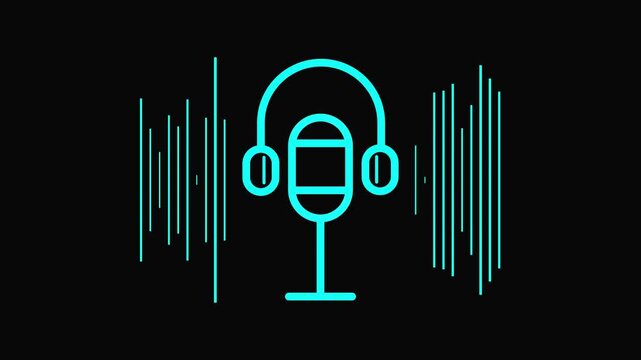 Podcasting microphone with headphones and sound waves on black background for audio recording or live streaming concept.