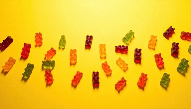 Brightly colored fruit-shaped gummy bears playfully scattered on a vibrant yellow background