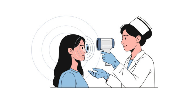 Nurse checks temperature with infrared thermometer, fever screening concept
