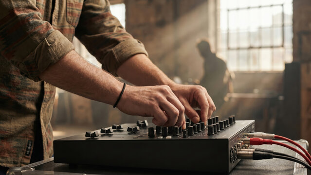 Man's hands precisely adjusting knobs on a professional sound mixer in a creative studio.