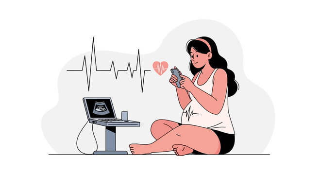 Pregnant Woman Uses Phone Near Ultrasound Machine, Health Monitoring