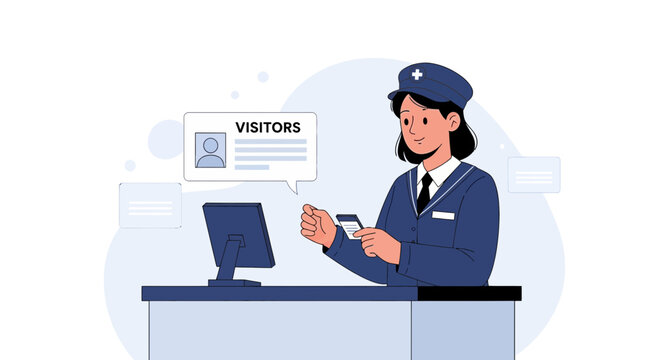 Receptionist scanning visitor ID at desk with computer and visitor pass
