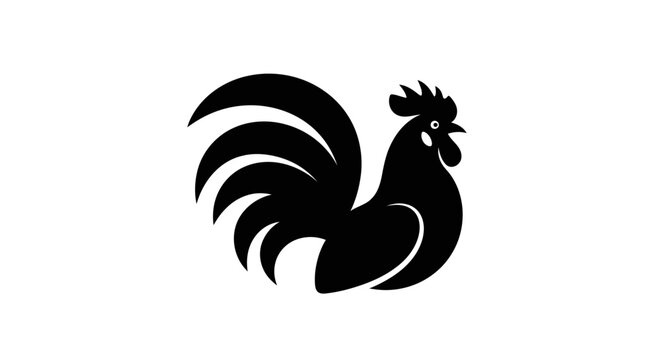 Stylized black rooster silhouette with a prominent tail and comb on a clean white background, representing a farm animal or symbol.