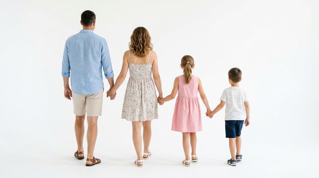 A family of four, parents and two children, holding hands and walking away from the camera on a white background