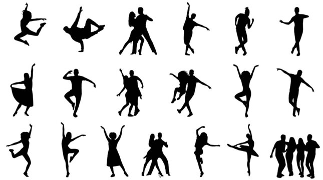 Silhouette dancers performing various dance moves isolated on transparent background, Vector