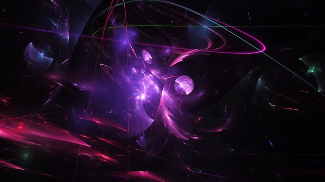 Abstract futuristic cosmic loop animation with glowing neon purple and pink fractal lines and shapes.