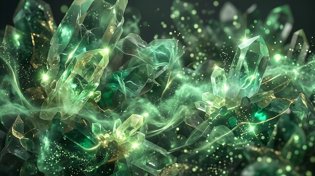 Magical emerald crystal formation with glowing particles and ethereal smoke.