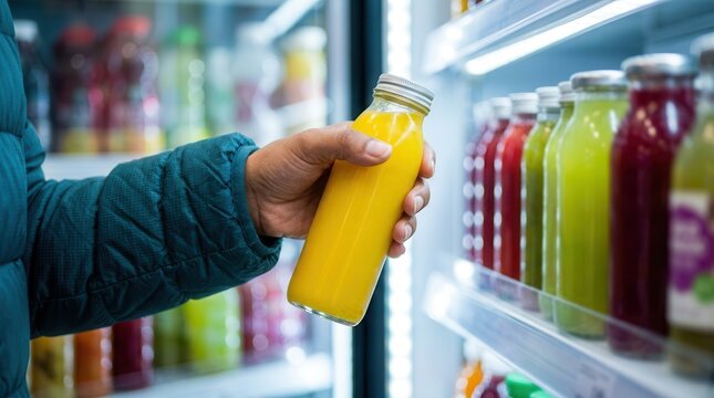 Shopping for drinks in a supermarket with a person grabbing a yellow beverage bottle from the shelf.