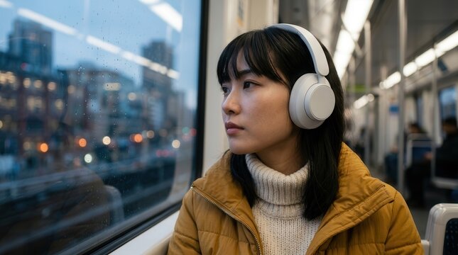 Melancholic young woman wearing white headphones and a yellow jacket on a train.