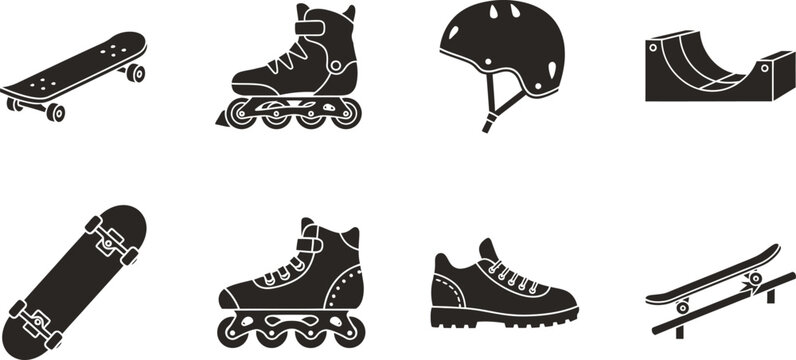 Skateboarding roller sports editable icon set skateboards inline skates helmets ramps