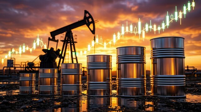 A silhouette of an oil pumpjack at sunset with a stack of oil barrels and a rising stock market candlestick chart.
