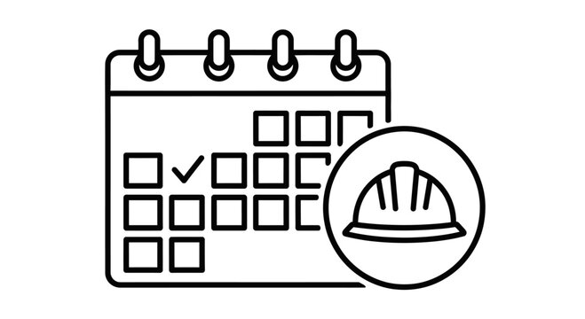 Labor Day Simple line art icon of calendar and hard hat symbolizing work schedule and construction labor day planning