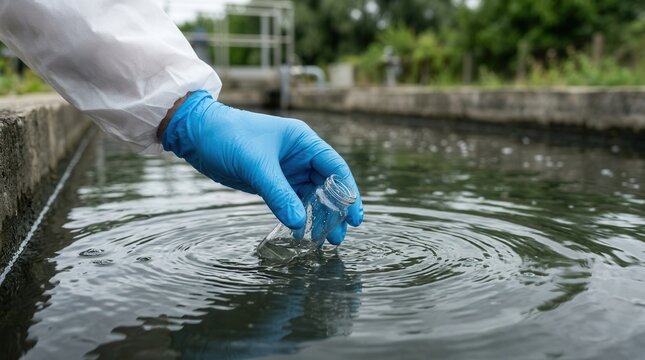 Water sample collection process at a sewage treatment plant by an environmental engineer for analysis.