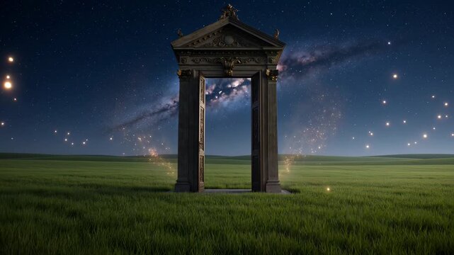 Magical stone portal glowing in a surreal green field at night with the milky way galaxy and ethereal floating lights creating a fantasy dreamscape for spiritual exploration