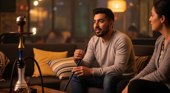 Young men smoking hookah in a cozy lounge setting for social conversation background