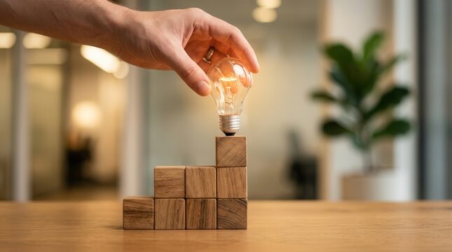 Organizing ideas for measurable strategic impact with a light bulb atop a wooden block staircase.