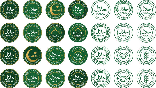 Collection of diverse circular green halal certification stamps and labels illustrated on transparent background