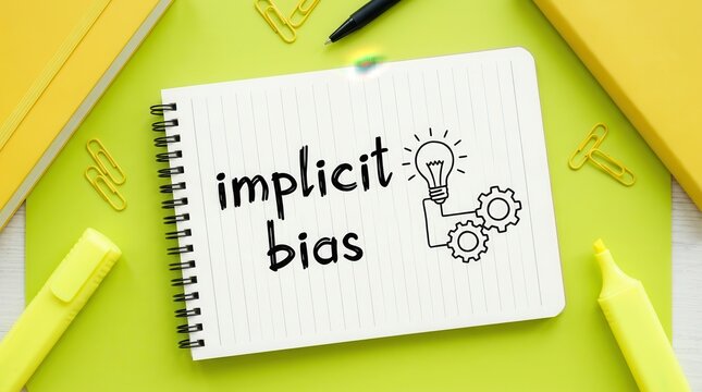 Psychology and social justice concept showing implicit bias handwritten with idea graphics on a notebook.