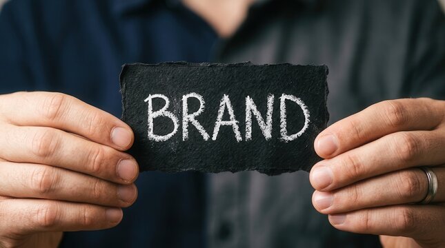 Concept of brand differentiation showing a hand holding a piece of paper with the text BRAND.