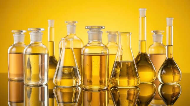 A collection of liquid chemicals for packaging and fertilizer production in glass containers.