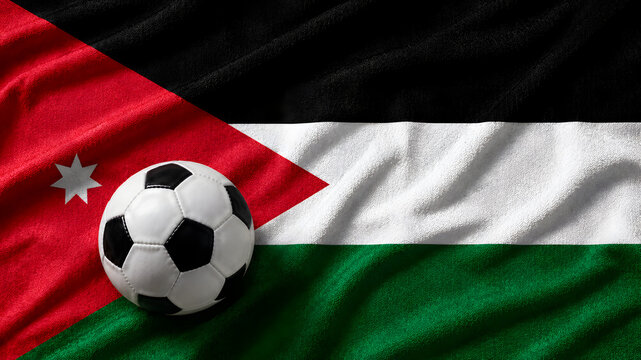 A classic black and white soccer ball resting on the textured fabric of the national flag of Jordan, representing sports and national pride.