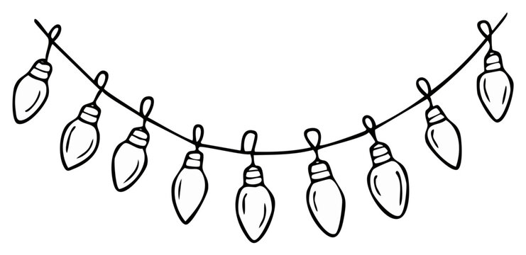 Outlined Christmas string lights on a white background