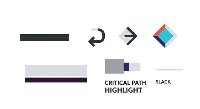 Project Management Icons: Critical Path, Slack, Progress, Timeline, Strategy