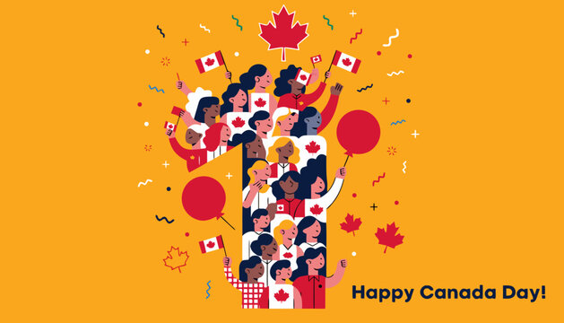 Canada Day, celebration, festive, vector graphics, red maple leaf, multicultural crowd