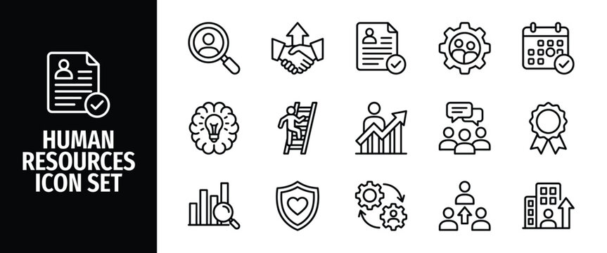 Human resources icon set, vector illustration, flat design, business management, recruitment, team building, career development, corporate culture, professional growth, hr symbols