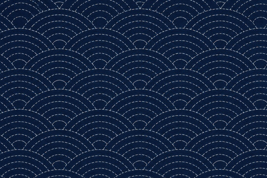 Dark blue seamless arc pattern with white dashed lines.