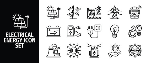 Electrical energy icon set, power generation and distribution symbols, renewable energy sources, smart grid and electricity technology, vector line icons © Abir Creative Studio