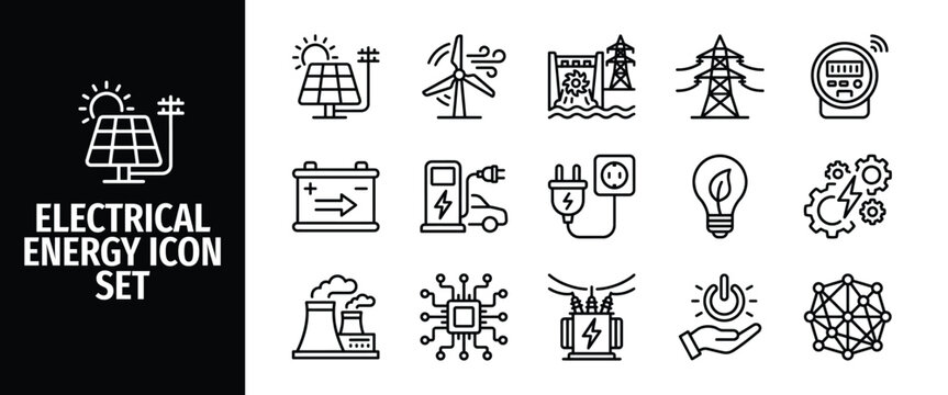 Electrical energy icon set, power generation and distribution symbols, renewable energy sources, smart grid and electricity technology, vector line icons
