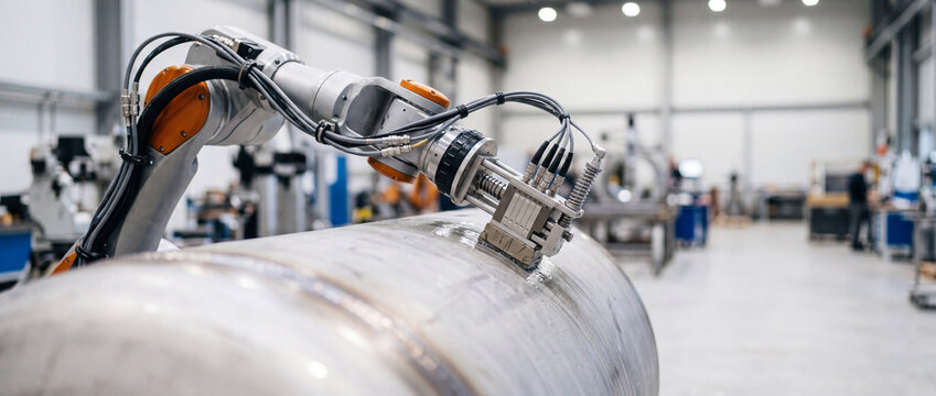 Industrial robotic arm performs automated welding on a large steel pipe inside a spacious, modern manufacturing workshop